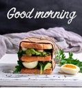 sandwich of French toast and lettuce leaves and boiled egg Royalty Free Stock Photo