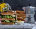 Sandwich of French toast and lettuce leaves and boiled egg Royalty Free Stock Photo