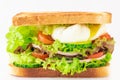 Sandwich with fresh lettuce, ham, cucumber, tomato and poached eggs isolated on white background