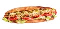 Sandwich from fresh pita bread with fillet grilled chicken, lettuce, slices of fresh tomatoes Royalty Free Stock Photo