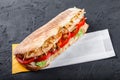 Sandwich from fresh pita bread with fillet grilled chicken, lettuce, slices of fresh tomatoes, pickles and cheese Royalty Free Stock Photo