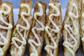 Sandwich with fried bacon and mayonnaise for sell at street food market in Thailand . Tasty sandwich close up Royalty Free Stock Photo