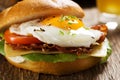 Sandwich with a fried egg, bacon, cheese and vegetables Royalty Free Stock Photo