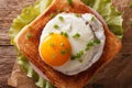 Sandwich with fried egg, ham, onions and cheese close up. horizontal top view Royalty Free Stock Photo