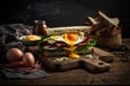 Sandwich with fried eggs, ham, cheese and mustard on rustic wooden background Royalty Free Stock Photo