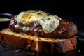 Fried meat on a piece of loaf with egg Royalty Free Stock Photo