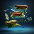 A sandwich with green olives and tomatoes flying in the air.