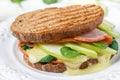 Sandwich with ham, brie cheese or Camembert, spinach, Apple and mustard Royalty Free Stock Photo