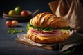 Sandwich with ham and cheese on croissant bun. Tasty croissant sandwich. AI generated Royalty Free Stock Photo