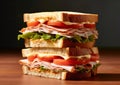 Sandwich with ham and cheese,lettuce and tomato slice on wwoden board.Macro.AI Generative Royalty Free Stock Photo