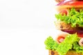 sandwich with ham cheese tomatoes lettuce onions. Macro of multi-layer sandwich with whole grain bread Royalty Free Stock Photo