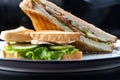 Sandwich with ham, cheese, tomatoes, lettuce, and toasted bread. Above view isolated on dark background Royalty Free Stock Photo