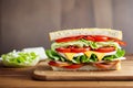 Sandwich with ham, melting cheese, tomato slices and lettuce on a wooden board. Generative AI Royalty Free Stock Photo