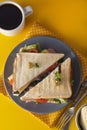 Sandwich with ham. Toasted double panini with ham, cheese fresh vegetables.Yellow background