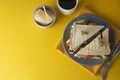 Sandwich with ham. Toasted double panini with ham, cheese fresh vegetables.Yellow background. Flat lay Royalty Free Stock Photo