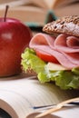 Sandwich with ham and vegetables and red apple vertical Royalty Free Stock Photo