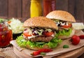 Sandwich hamburger with juicy burgers, cheese Royalty Free Stock Photo