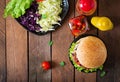 Sandwich hamburger with juicy burgers, cheese and mix of cabbage. Royalty Free Stock Photo