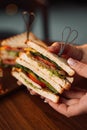 Sandwich in hand, healthy breakfasts Royalty Free Stock Photo