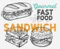 Sandwich illustration - bagel, snack, hamburger for restaurant