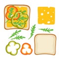 Sandwich Ingredients. Sandwich with paprika, cheese, arugula. Snack. Overhead view of isolated Breakfast snacks on toast