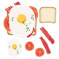 Sandwich and its ingredients. Toast with fried egg, bacon, tomato. Lunch, dinner, breakfast snacks. Vector illustration