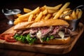 sandwich, with juicy steak and crispy fries on buttered roll