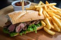 sandwich, with juicy steak and crispy fries on buttered roll