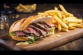 sandwich, with juicy steak and crispy fries on buttered roll