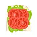 Sandwich with lettuce and tomato on bread top view, simple vector illustration