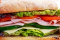 Sandwich with lettuce, tomatoes, cucumber, red onion, salami, ham, cheese Royalty Free Stock Photo