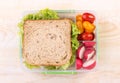 Sandwich in a lunchbox with tomatoes and radish