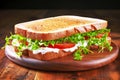 Sandwich made of toasted bread with mayonnaise, tomato slices and cress on a wooden board Royalty Free Stock Photo