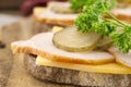 Sandwich with meat and chease on cutting board. Soft focus Royalty Free Stock Photo
