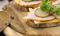 Sandwich with meat and chease on cutting board. Soft focus Royalty Free Stock Photo