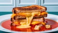 A sandwich with melted cheese on top of a plate with tomato sauce