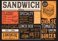 Sandwich menu restaurant, food template. Royalty Free Stock Photo