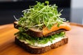 sandwich with microgreens, fish, and horseradish sauce on sesame bread