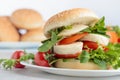 Sandwich with mozzarella, tomato and salad on the kitchen table