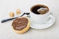 Sandwich with nut-chocolate paste, black coffee, sugar and spoon Royalty Free Stock Photo