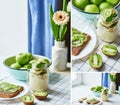 Sandwich with peanut butter and kiwi, green apples, yogurt with banana and kiwi, creative idea for kids breakfast, dessert or Royalty Free Stock Photo