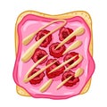 Sandwich with pink icing spread and raspberry doodle. Toast bread isolated icon on white background. Breakfast food. Flat style