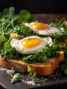 A sandwich of poached eggs, fried bread and fresh herbs. Generated by AI