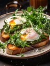 A sandwich of poached eggs, fried bread and fresh herbs. Generated by AI