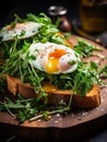 A sandwich of poached eggs, fried bread and fresh herbs. Generated by AI