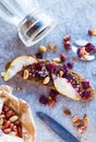 Sandwich with roasted beets, nuts, pear and sesame