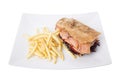 Sandwich salmon with tomato and french fries