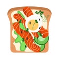 Sandwich with salmon or trout, cream cheese, egg and lettuce. Vector illustration of an open sandwich with red fish