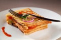 A sandwich in a white ceramic plate with sauce Royalty Free Stock Photo