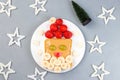 Sandwich with Santa made from toast, peanut butter, strawberry, banana, grape and apple, Christmas menu for kids, horizontal, top Royalty Free Stock Photo